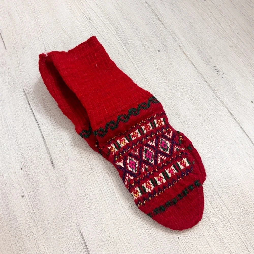 Hand-Knitted Heavy Wool Socks Nordic Pattern Fair Isle Red Multi Cozy Winter OS